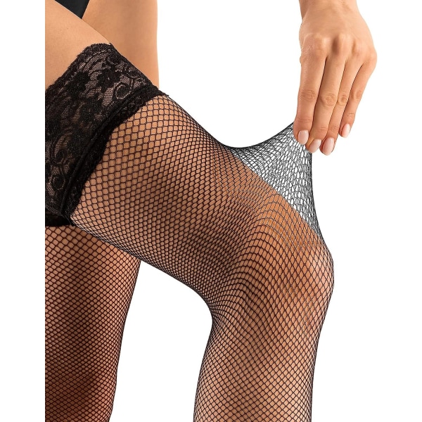 Damstrumpa med spets Topp Silke Antisladd Silikon Sheer Thigh High Fishnet Black S