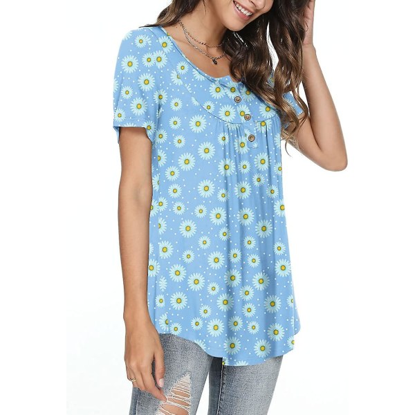 Dame Henley Skjorter til Forår-Sommer Knap Tunic Toppe 2023 Casual Kortærmet Bluse T Blue Daisy XXL