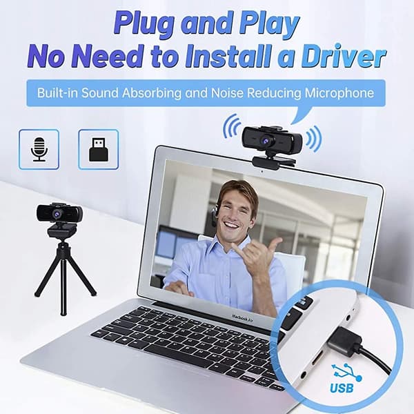 2k HD Webcam, Autofokus 1440p Webcam med Mikrofon USB Plug and Play Webkamera