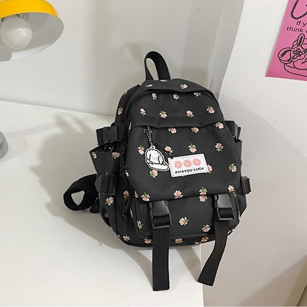 Kawaii Ryggsekk med Kawaii Anheng for Skole Søt Mini Ryggsekk Blomster Japansk Skolesekk for Tenåringsjenter (Svart)