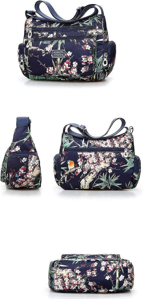 Dame Nylon Multi-Pocket Skuldertaske, Blomstermønster, One Size-Ch