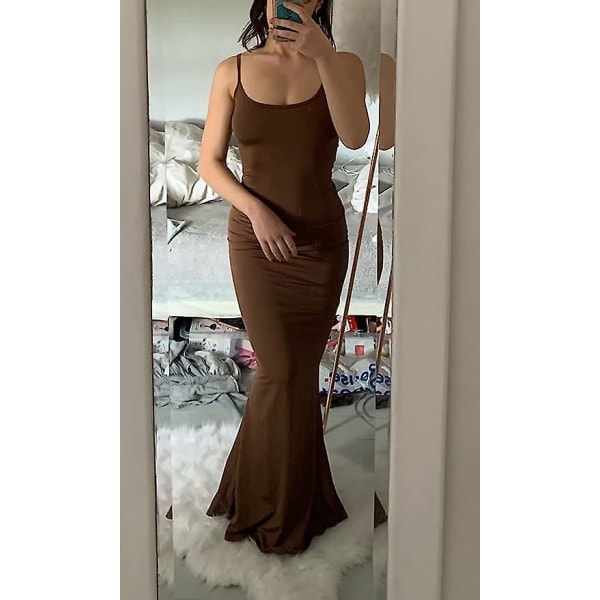 Kvinnors avslappnade loungeklänning med långt släp, sexig ärmlös rygglös bodycon maxiklänningar 2023 sommar slim elegant Brown XL