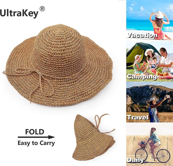 Stråhatt, Håndlaget Strandhatt med Bred Skygge, Sammenleggbar Utendørs Solhatt Strandhodeplagg Style 2