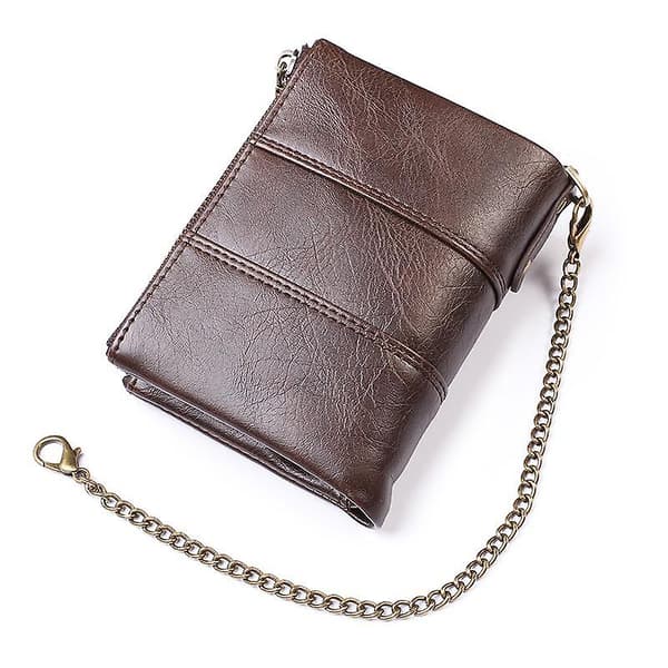 Multi Card Slots Zipper Pouch Wallet Snap Button Design PU Läder Myntväska med Metallkedja Coffee