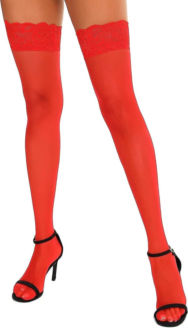 Antisladd silikon spets silke lårhöga strumpor Red One Size Plus