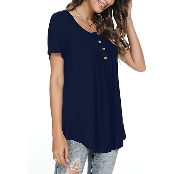 Kvinnors vår-sommar Henley-skjortor Knäppta tunikor Toppar 2023 Casual Kortärmad blus T Navy Blue M