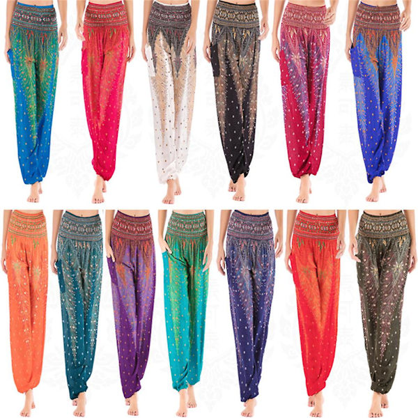 Boho Joogahousut Naisille - Painetut Pilateshousut Löysällä Istuvuudella ja Pussimaisella Harem-tyylillä - Täydelliset Rannalle, Joogaan, Tanssiin ja Muuhun Black One Size