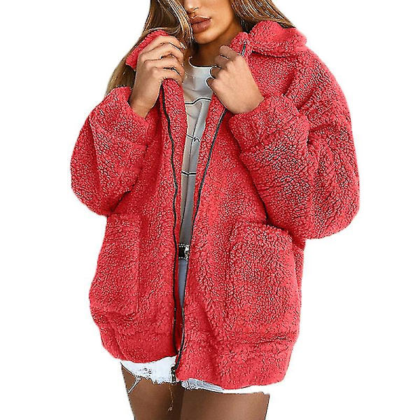 Dame Bjørn Fleece Jakke Frakke Lynlås Overtøj Red M