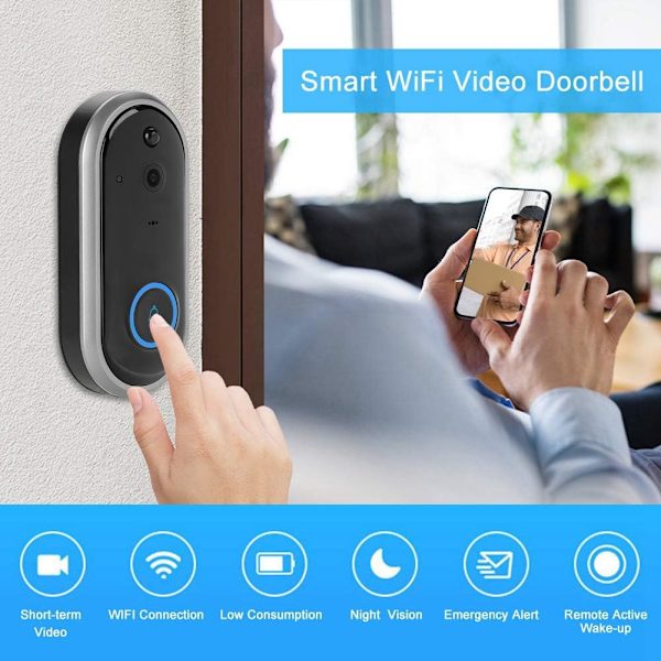 Trådlös Videodörrklocka med Kamera, Smart WiFi Dörrklocka 720P/1080P Hem Säkerhet Intercom Synlig Dörrtelefon med Klocka, 52 Melodier, 155° Vidvinkelobjektiv