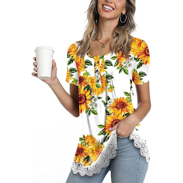 Dam Henley-skjortor med knappar, kortärmade blusar, vår-sommar 2023, casual tunikor Sunflower XL