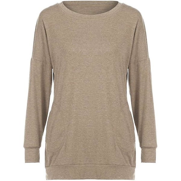 Dam tröjor höst pullover tröjor casual lös passform tunika topp bekväm söt sweatshirts långärmad crewneck t-shirts m5 khaki XX Large