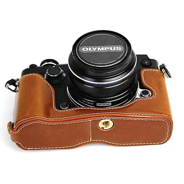 PU-läder kameraskyddsfodral för Olympus PEN-F, halv kroppsskydd med bottenöppning Brown