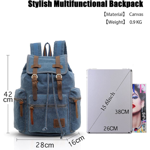 Retro 15,6 tums bärbar dator ryggsäck bärbar dator utomhus resor arbete student vandring skolväskor dagryggsäck canvas-blå