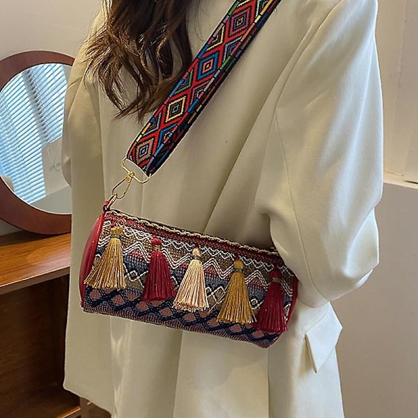 Etnisk stil canvas crossbody väska tonårsflickor plånbok bärväska axelväska för kvinnor damer Red