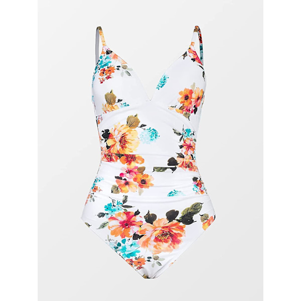 Dame Badedragt Heldragt V-hals Mavekontrol Rynket Front Lav Ryg White Floral M