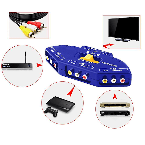 Kompatibel Av-växlare Tv Audio Video Rca Växlare Med 3-vägs Ljud, Video Rca Växellåda + Rca Kabel-blå