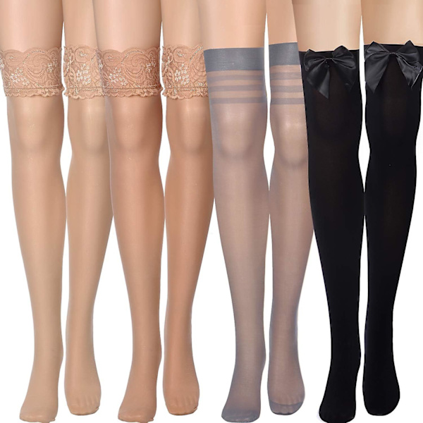 Sidenstrumpor med spets och silikonstrumpor i satin med rosett Brown Dark Skin  Gray