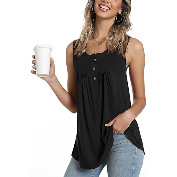 Kvinnors vår-sommar Henley-skjortor Knäppta tunikor Toppar 2023 Casual Kortärmad blus T Black M