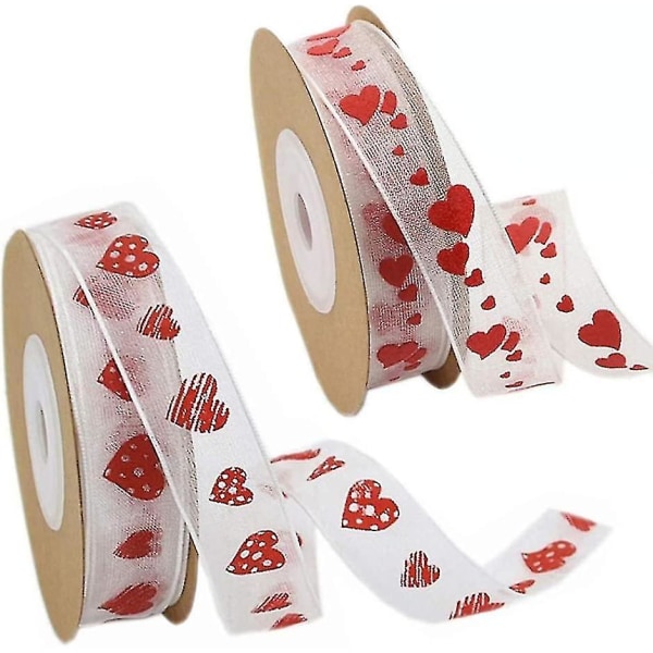 2 rullar med hjärtband, band för presentförpackning, band av glitterorganzatyg, printed