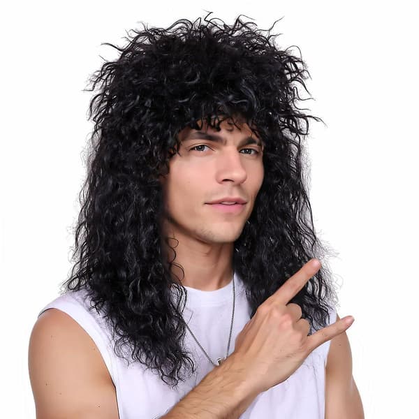 Lang krøllet sort rocker kostume paryk til mænd