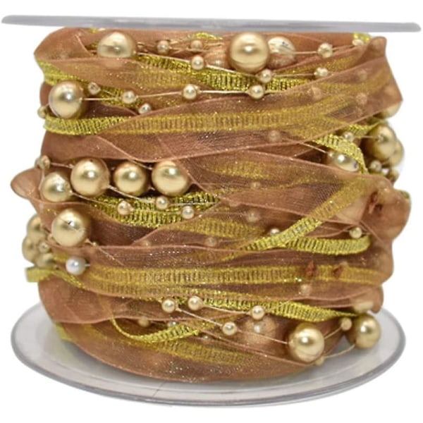 10 m konstgjord pärla pärlband Chiffongband och organza spetsband för bröllop Blomma julgransdekoration Sy hantverksförpackning (gol