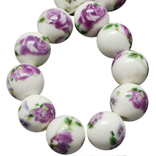 Omkring 20 stk. håndlavede porcelænsperler runde med blomsterformet charm, mellemblå farve, afstandsstykke, løse perler til gør-det-selv smykkefremstilling