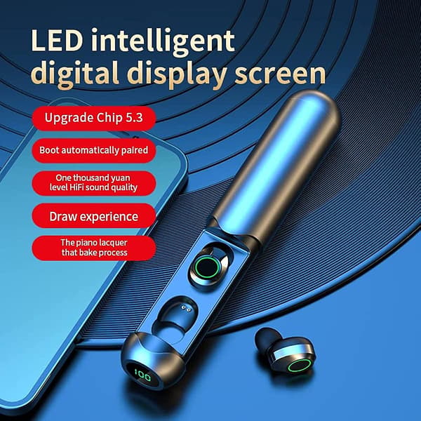 Trådlöst Bluetooth-headset, utdragbar digital display i örat Tws Bluetooth-headset, lång form Silver