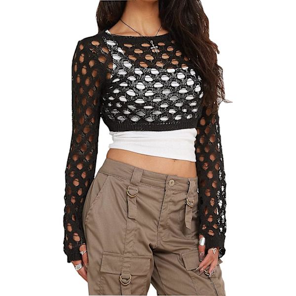 Dame Hul Ud Hæklet Strik Trøje Crop Tops Langærmet Trøje Cropped Style 7 M