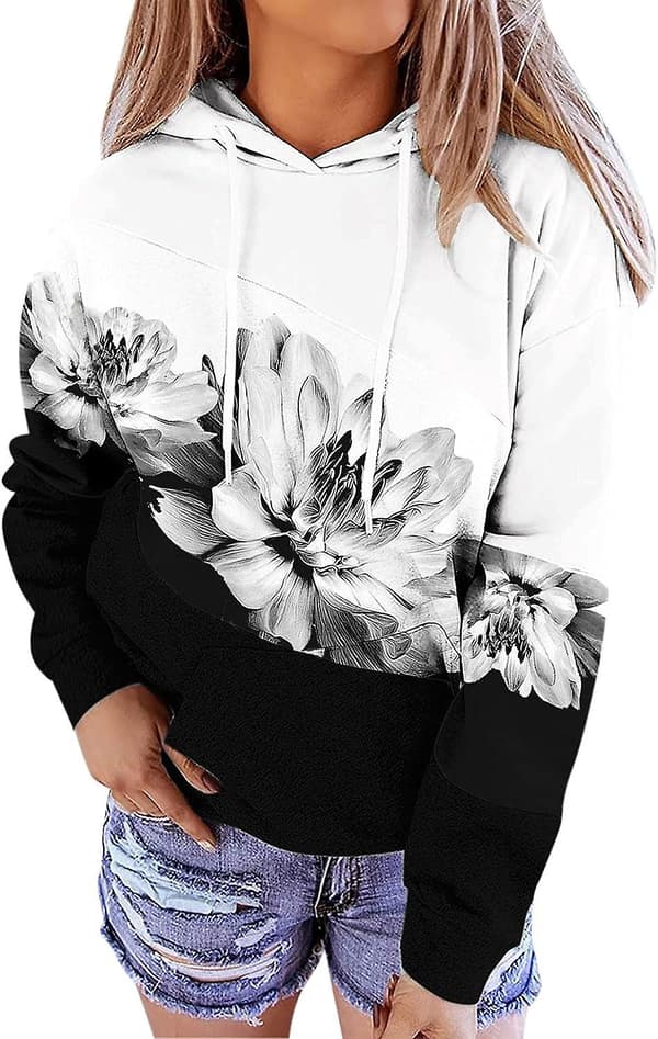 Baggy sweatshirts for kvinner, patchwork, blomstermønstret, hettegenser, avslappet langermet hettegenser for kvinner Grey X Large