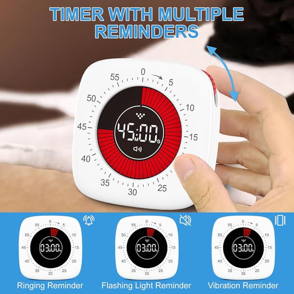 Barnetimer, visuell timer med nedtelling, 60 minutter stille timer, 3 påminnelsesmoduser, rask justering