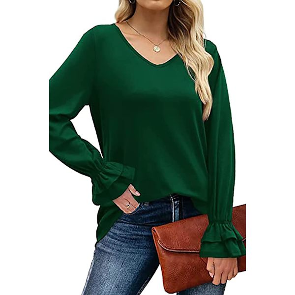 Dame Ensfargede Topper Casual V-hals Ruffle 3/4 Bell Erme Bluse Tunika Løs Skjorte Green M