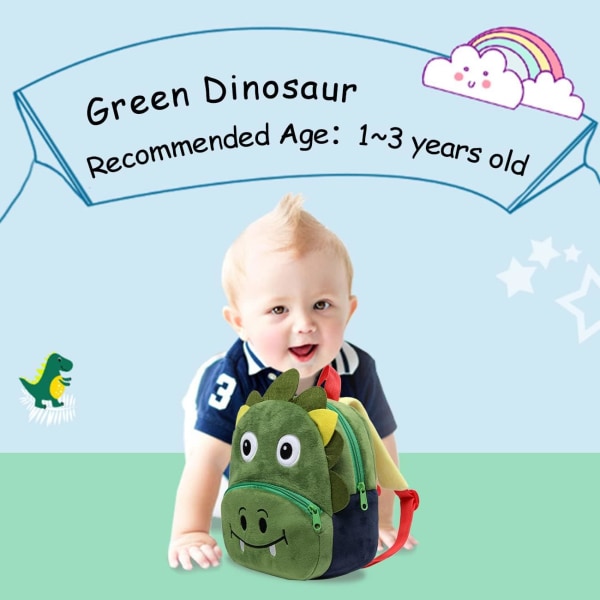 Pienten lasten reppu pojille ja tytöille, pieni söpö eläin 3D lasten reppu mini päiväkotilaukku pehmeä pehmoreppu vauvalle, vihreä dinosaurus valkoinen
