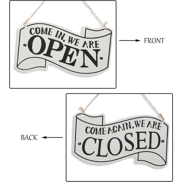 Öppen och stängd skylt för företagsdörr - Vändbar dubbelsidig dekor träskylt Hängande butiksskylt (vit)