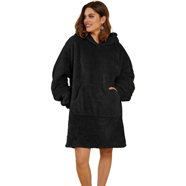 Herr & Dam Wearable Plädtröja Fuzzy Sherpa Oversized Mysig Tröja med Huva Jätte Stor Fick Pläd med Ärmar Grå, Stor Black