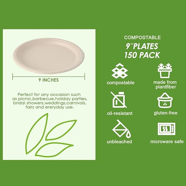 150 Pakke Papptallerkener 9 tommer 100% Komposterbare Tallerkener Kraftige Engangstallerkener Bagasse Naturlige Biologisk Nedbrytbare Miljøvennlige Sukkerrørstallerkener