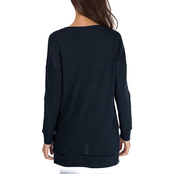 Dam långärmad sweatshirt rund hals sid split casual tunika pullover t-shirt toppar Navy M