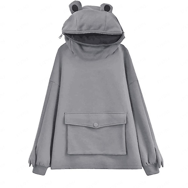 Naisten tyttöjen pusero Söpö sammakko huppari vetoketjullinen suu rento löysä tunika söpö cosplay -asu topit taskuilla Gray XL