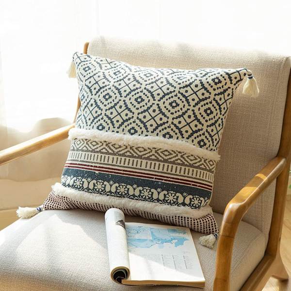 Boho Tuftade Dekorativa Kuddfodral för Soffa - Modernt Marockanskt Kuddfodral med Tofs, Sovrum Vardagsrum Bil Hotell, 18x18 Tum Blue