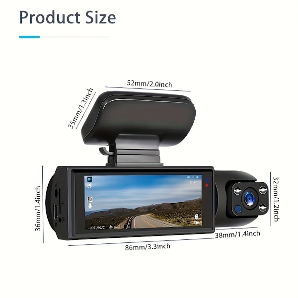 1080P kaksoiskamera, kojelautakamera autoihin, eteen ja sisään, autokamera IR-yönäöllä, silmukkatoiminto