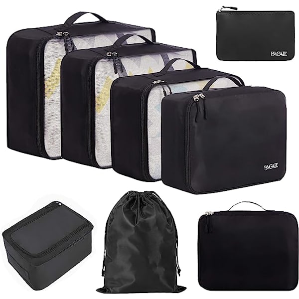 8 Set Packningskuber Resväskor Packningsorganisatörer för Reseaccessoarer Black