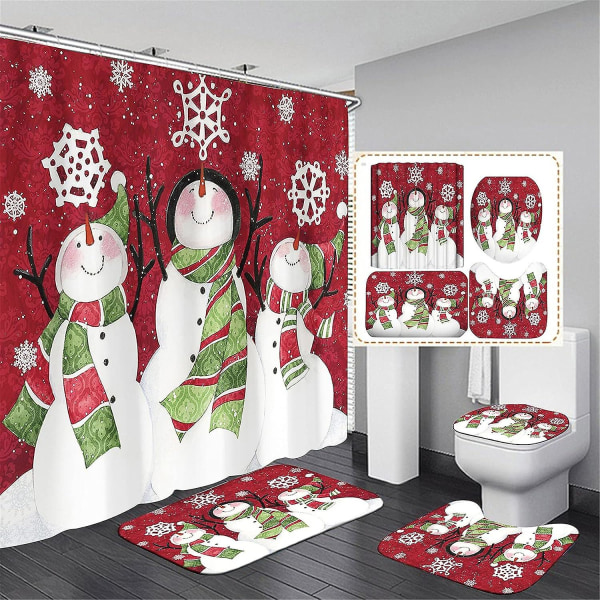 4 delar julduschdraperier med halkfria mattor Cover och badmatta Vattentät snögubbe Duschgardiner Set jul