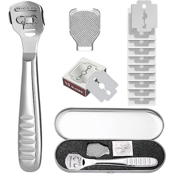 Hård Hud Høvl Fodfil, Rustfri Stål Rasp Filer Til Fodpleje Pedicure Hård Hud Høvl Barberkniv Med Æske, Fodfilhoveder Og 10 Ekstra Blade