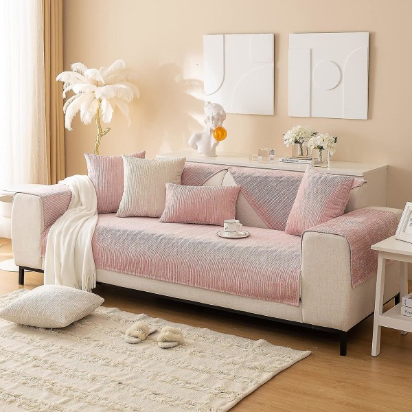 2023 Nya sofföverdrag Chenille cover för 3-sits sofföverdrag, halkfri L-form cover, möbelskydd Cover för sittkudde soffa Pink pillowcase 45x45