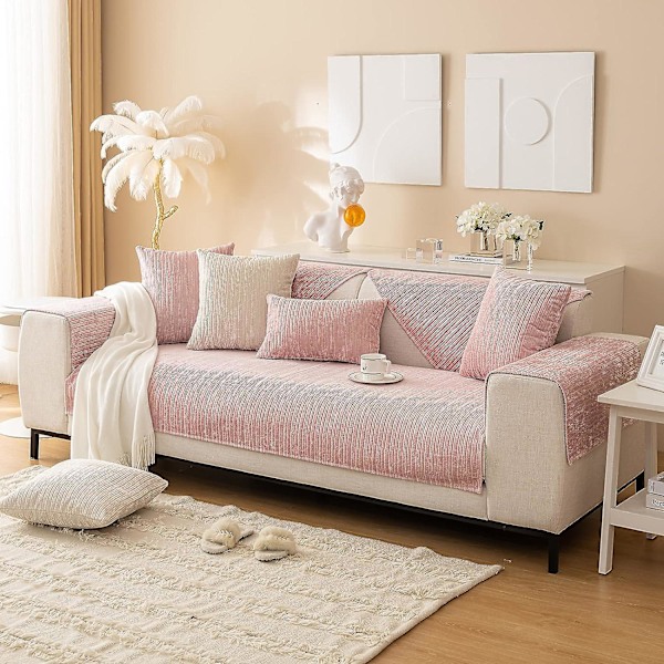 2023 Nye Sofabetræk Chenille Sofabetræk Til 3 Personers Sofa, Skridsikkert L-formet Sofabetræk, Møbelbeskytter Sofabetræk Til Hynder Pink Sofa cushion 90x120cm