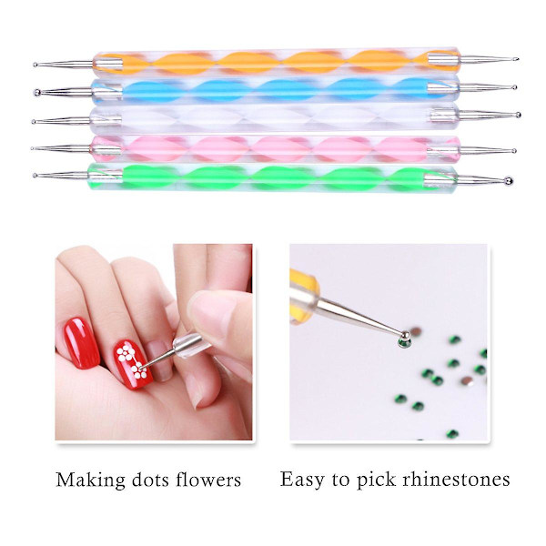 Dubbelsidig prickpenna nagelkonst strass spetsar manikyr pedikyr kit diy marmorering prickpenna nagelkonst design målarverktyg blandad färg