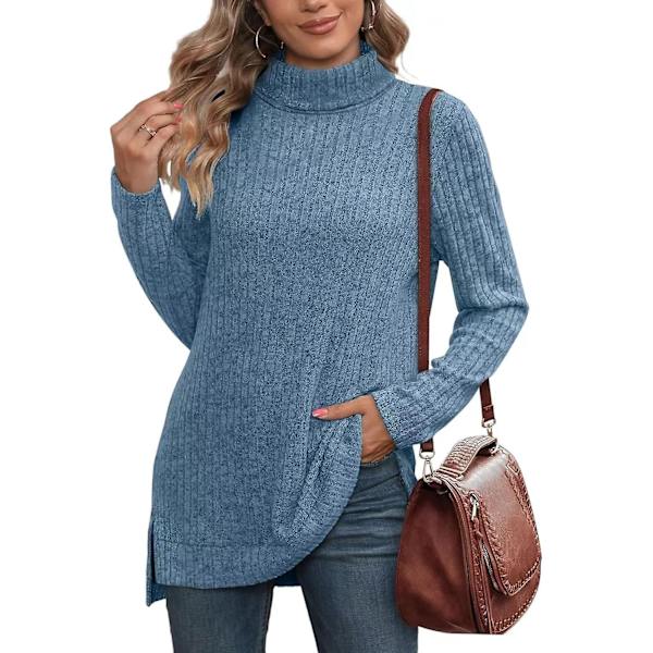 Casual ribstrikket sweater med høj krave til kvinder - lette toppe med slids i kanten
