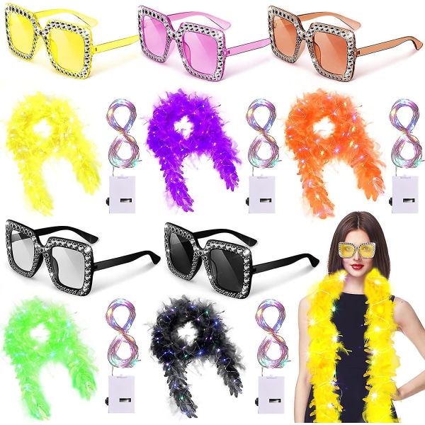 15 Pakke LED Fjærboaer for Voksne Fest Bulk Inkluderer 5 Stk 2,2 Yard Chandelle Fjærboa, 5 Stk LED Lyslenker, 5 Stk Firkantede Rhinestone Solbriller