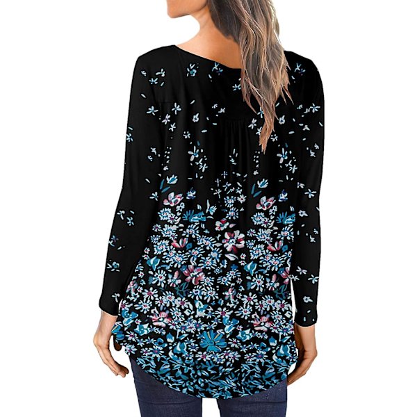 Dame Tunika Topper Ensfarget Plissert V-hals Knapper Bluse Blomstertrykte Damer Blackgold XL