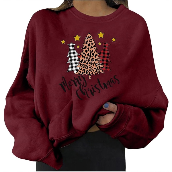 Bluse for kvinner, løs juleprint genser med rund hals (damer)