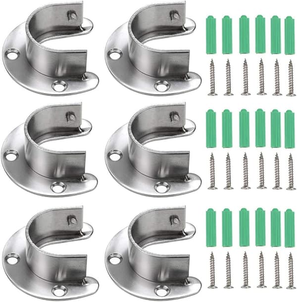 6-pack Garderobsstångsändarstöd 1-1/4\" Diameter, U-formade Garderobsstångsfickor i Rostfritt Stål, Väggmonterade Rörfästen med Skruvar